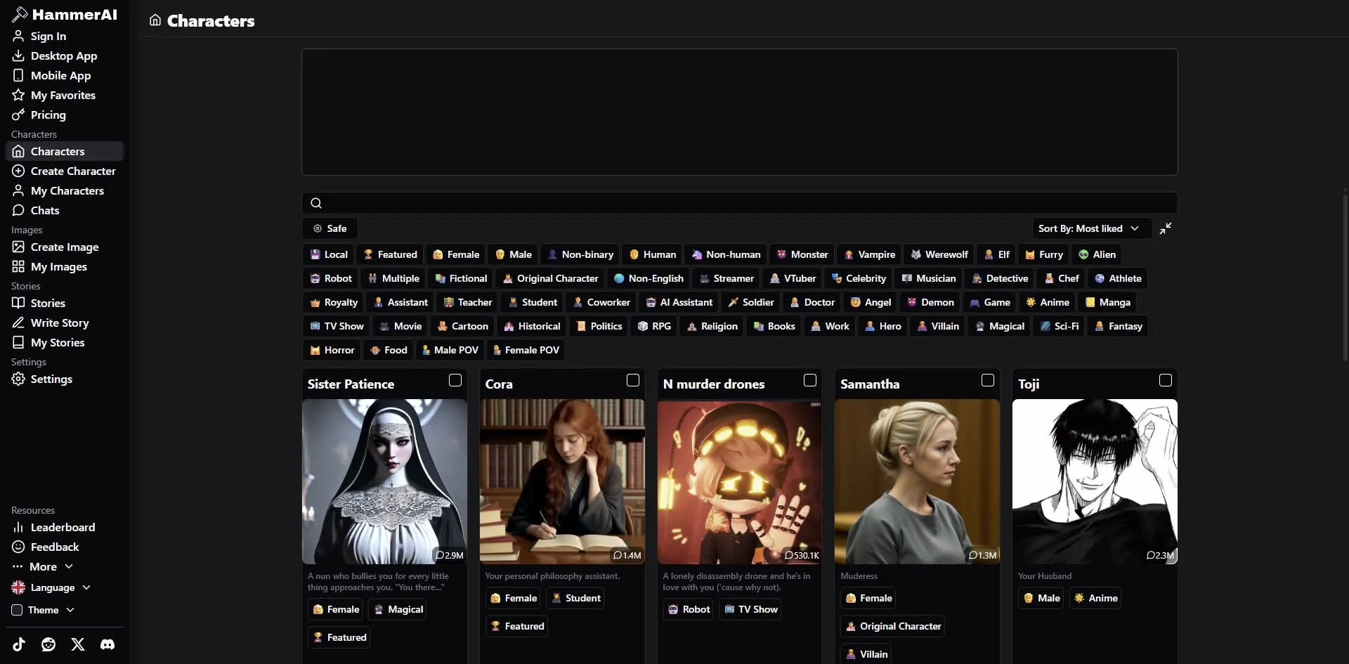 Banner ad placement on the HammerAI Characters page
