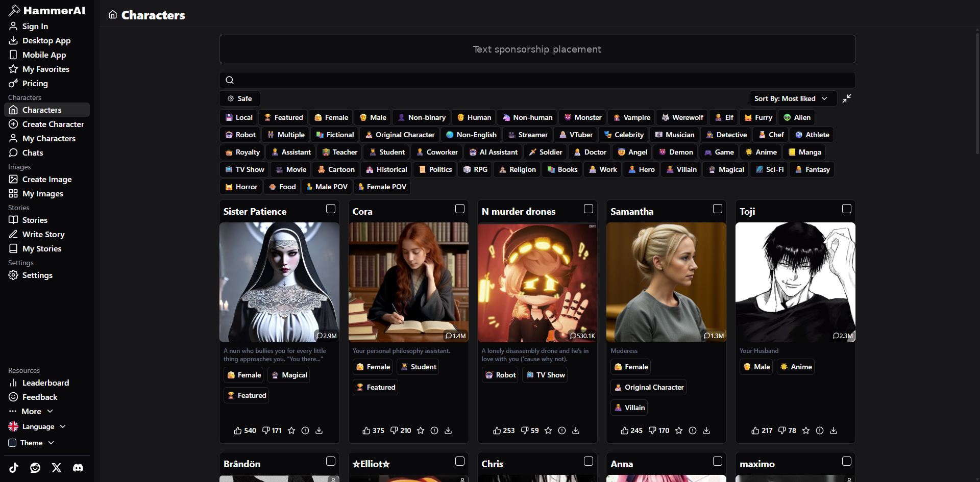 Text sponsorship placement on the HammerAI Characters page