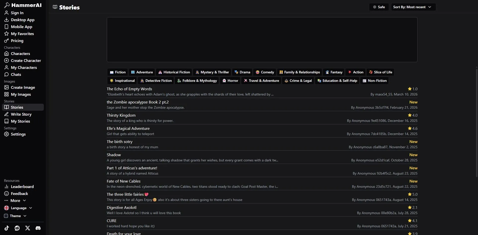 Banner ad placement on the HammerAI Stories page