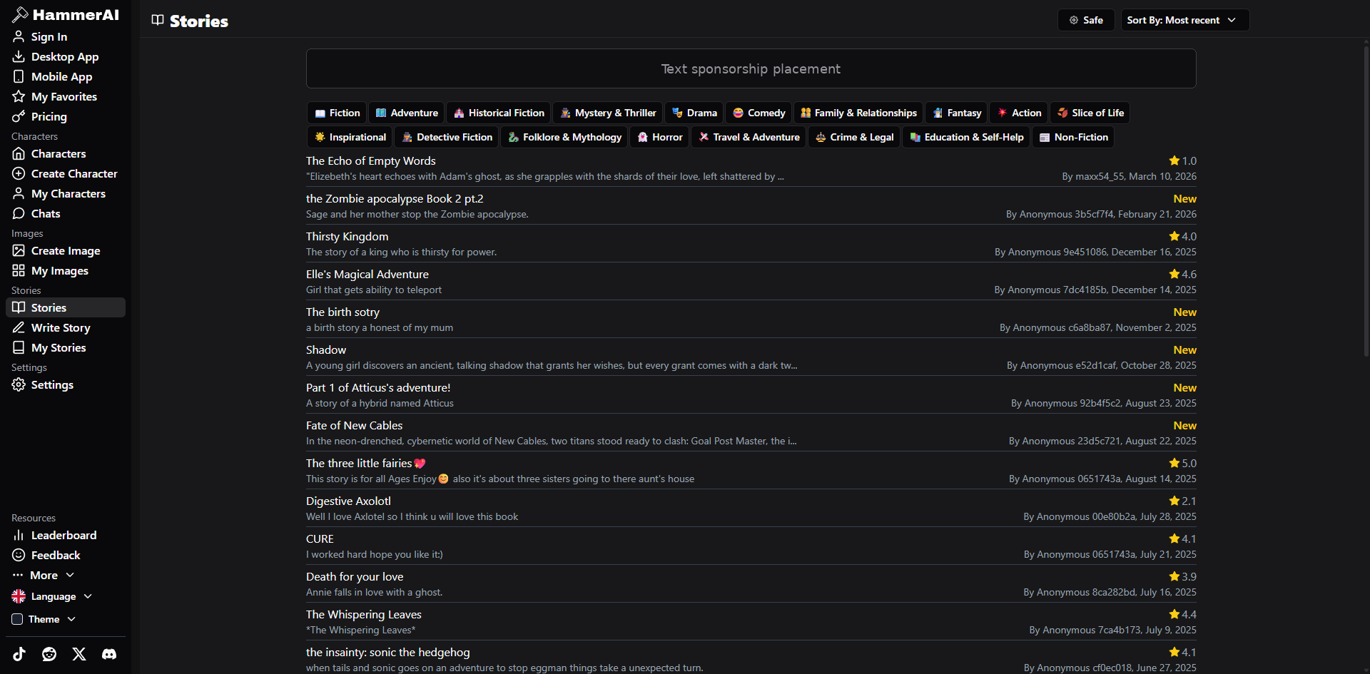 Text sponsorship placement on the HammerAI Stories page